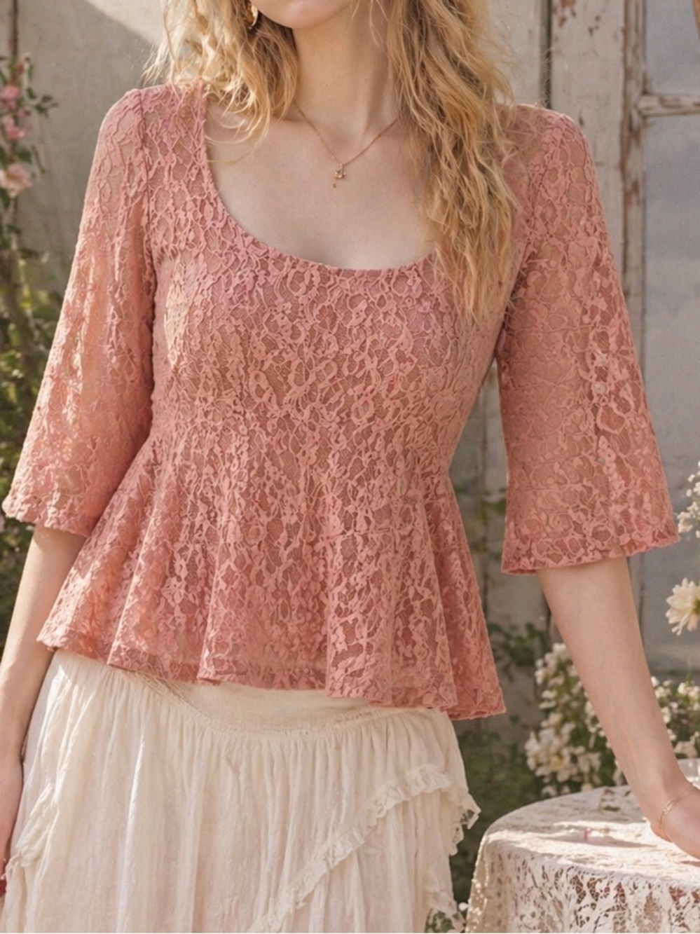 Sheer Lace Kimchi Blue Peplum Top